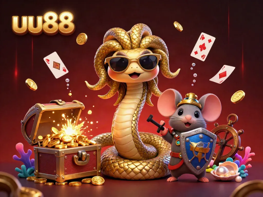 Experience thrilling fun at uu88 with a vibrant illustration of Medusa and characters amidst casino games.