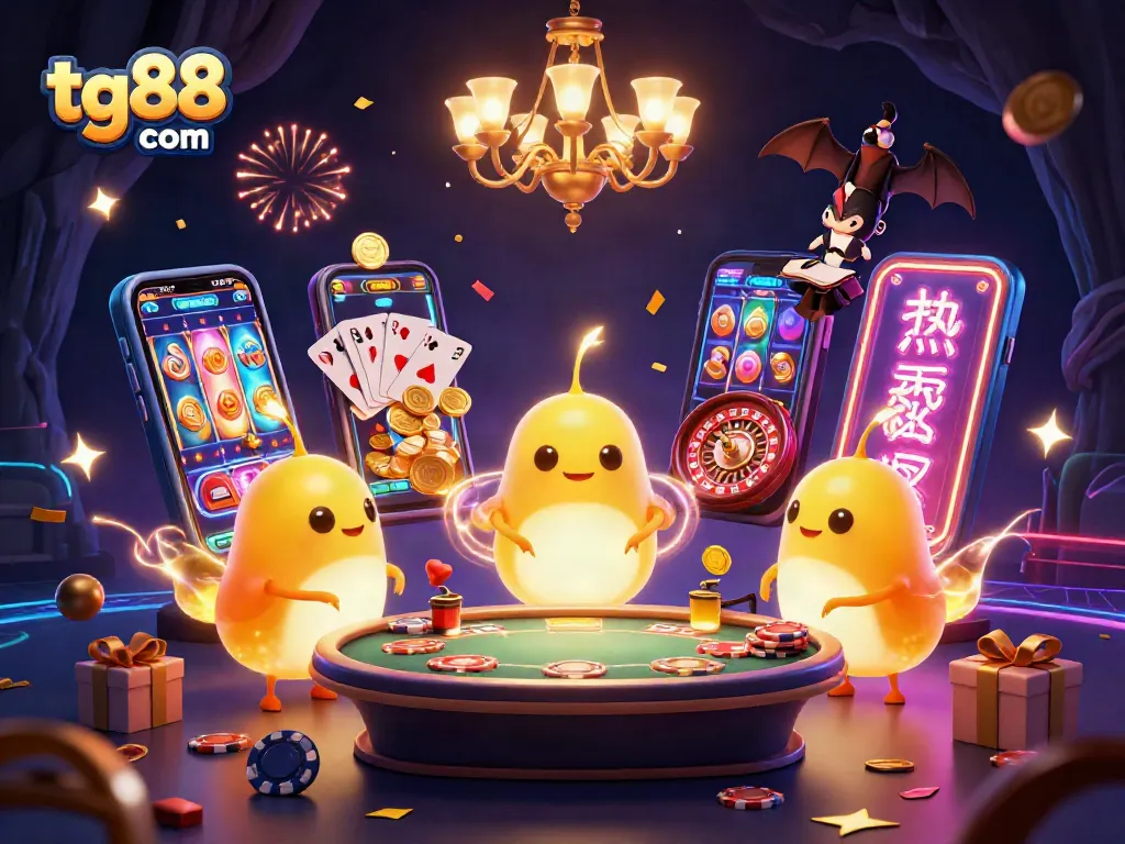 Engage with tg88 com in a vibrant illustrated casino scene featuring glowworms and dynamic game elements