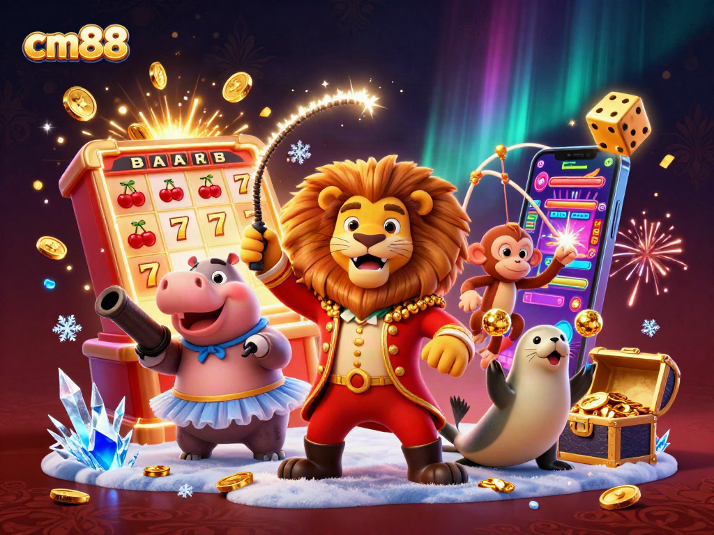 Experience the thrill of gaming at cm88 with a vibrant casino-themed scene featuring lively characters and jackpots.