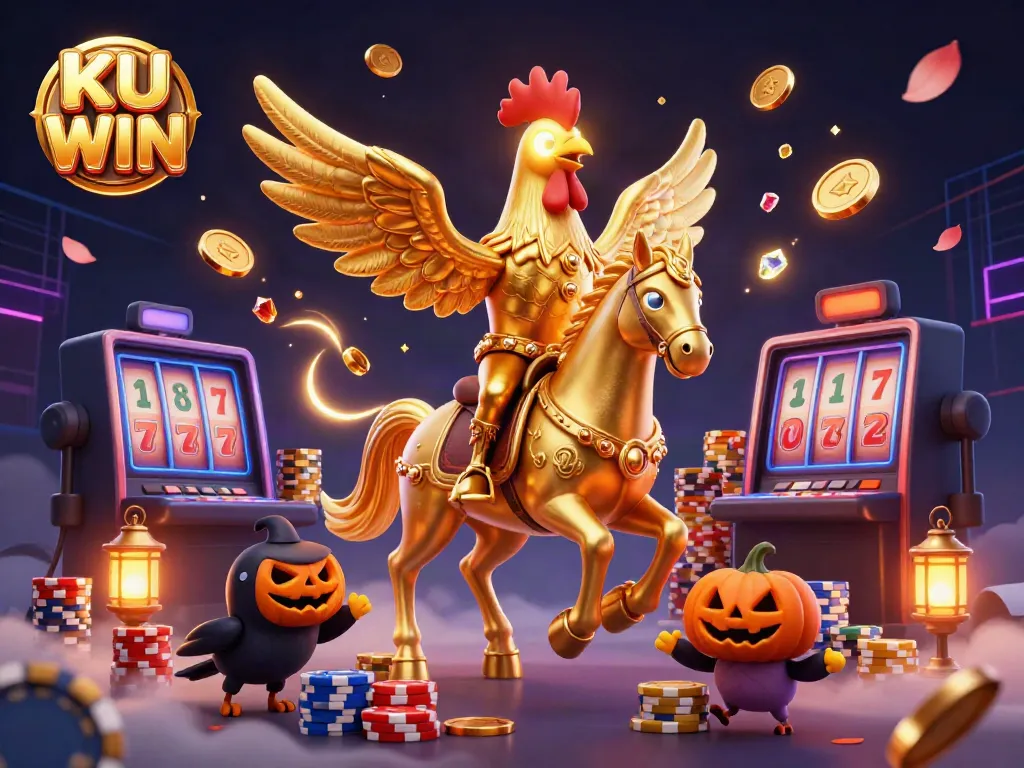 Experience the excitement of KU WIN in a vibrant 3D casino setting with golden rooster and treasure elements.