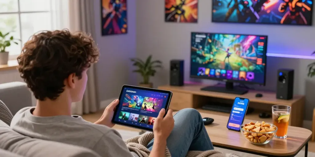 Gamer exploring diverse options on GARUDA404 platform, enjoying a comfortable and engaging digital experience.