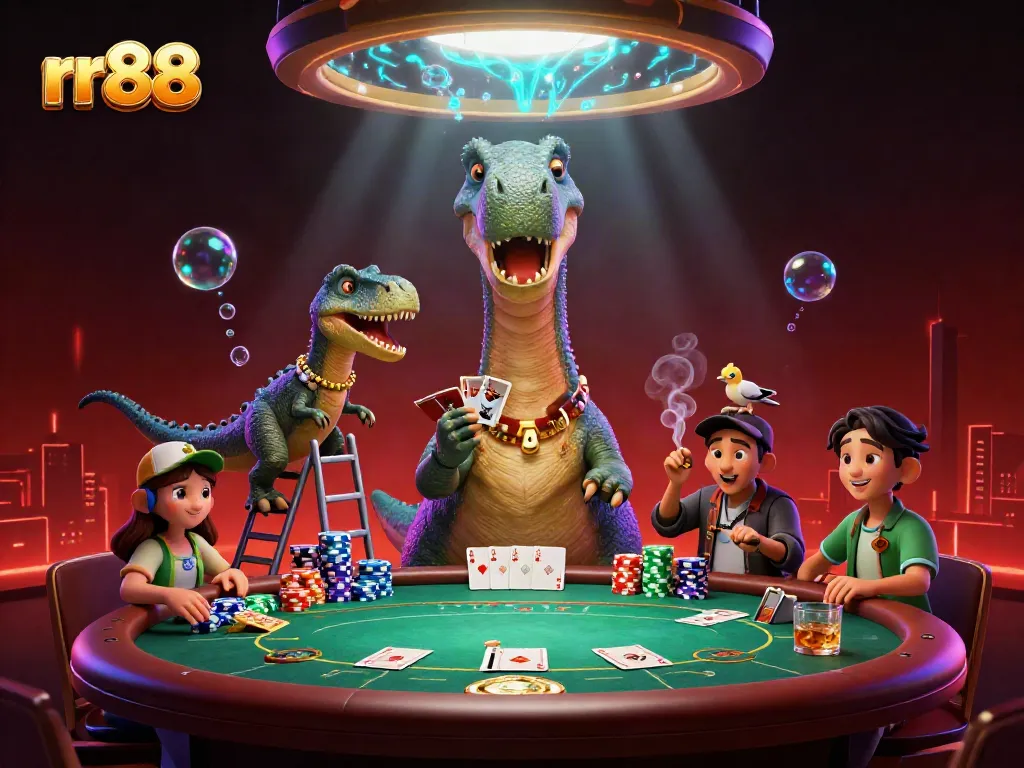 Experience thrilling gameplay with rr88 as the giant brontosaurus enjoys a unique poker scene filled with excitement.