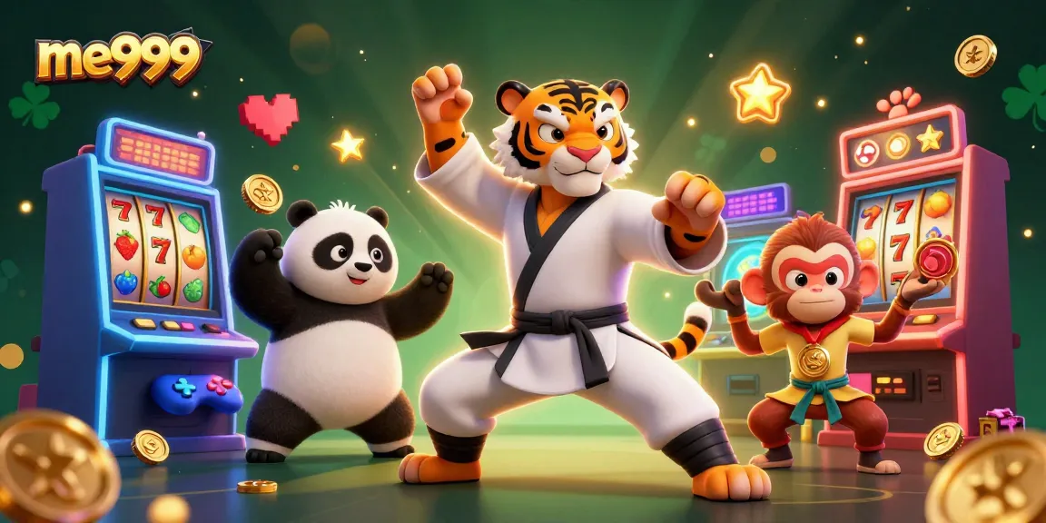 Spin the reels at me999 with a kung fu tiger master, panda disciple, and playful monkey in a vibrant casino.