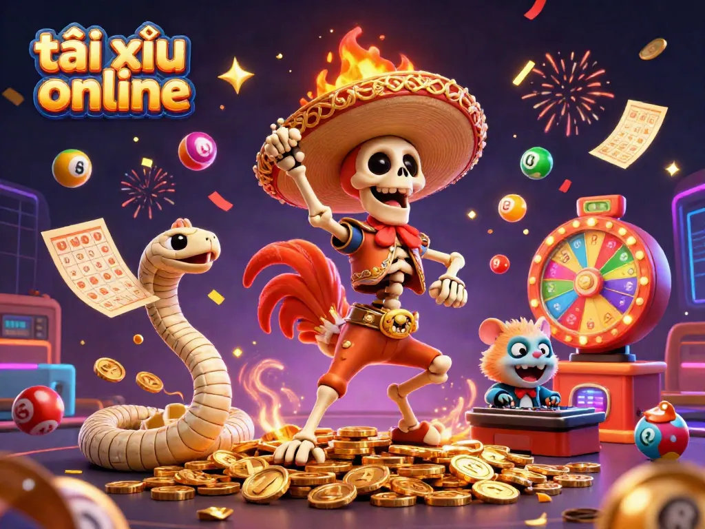 Celebrating the thrill of tài xỉu online with colorful elements and fun characters in a vibrant casino scene.