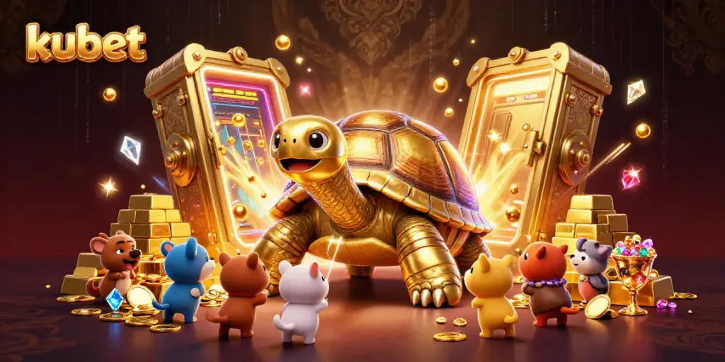 Kubet's dynamic gaming environment featuring a golden tortoise pinball machine uplifting excitement in animated casino play.