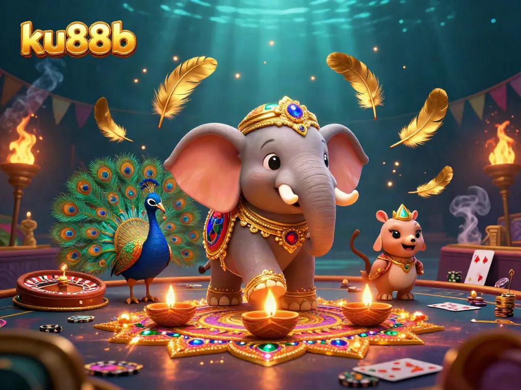 Engage in thrilling casino games at ku88b while enjoying vibrant 3D imagery of an elephant and peacock.
