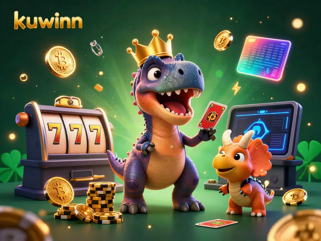 Experience thrilling slots with kuwinn: Friendly dinosaurs shuffle cards and stack chips in vibrant 3D.