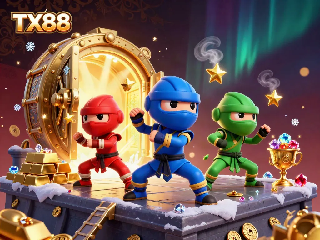 Experience the excitement of gambling at TX88 with a dynamic illustration of ninja chameleons and treasures.