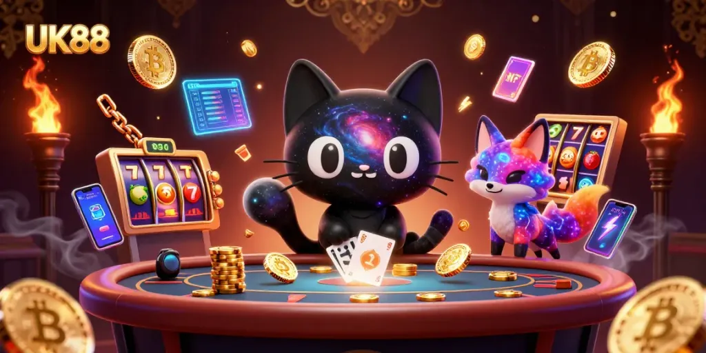 UK88 cat charms players with golden casino chips at a vibrant cosmic table.