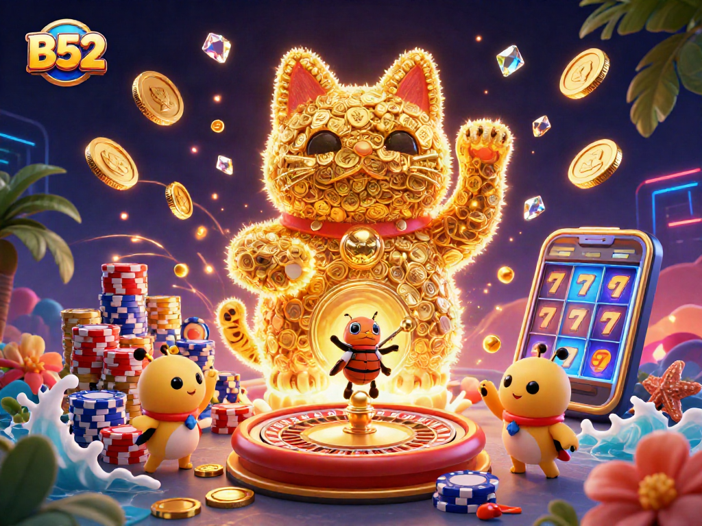 Experience the thrill of B52 gambling with a dynamic scene of lucky symbols and golden rewards.