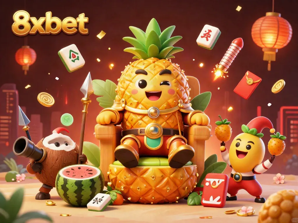 Engage with 8xbet's vibrant casino scene featuring a cartoon golden pineapple king amidst dynamic game elements.