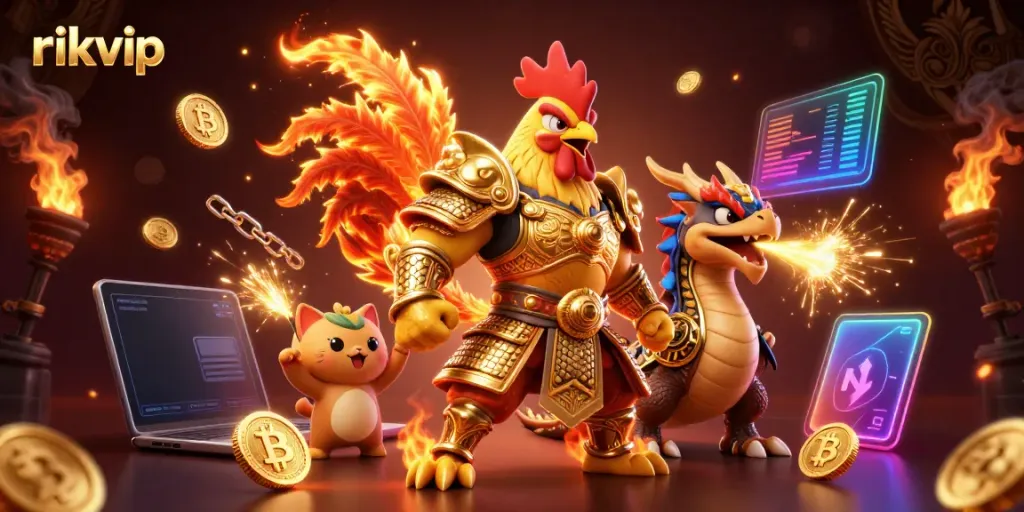 Experience thrilling gameplay with rikvip, featuring an epic 3D rooster warrior and dragon in a rich casino setting.