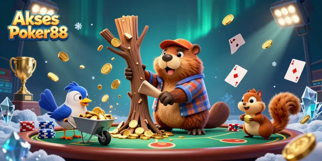 Akses Poker88 features a vibrant 3D scene of a beaver, bird, and squirrel surrounded by poker elements, showcasing action and excitement.
