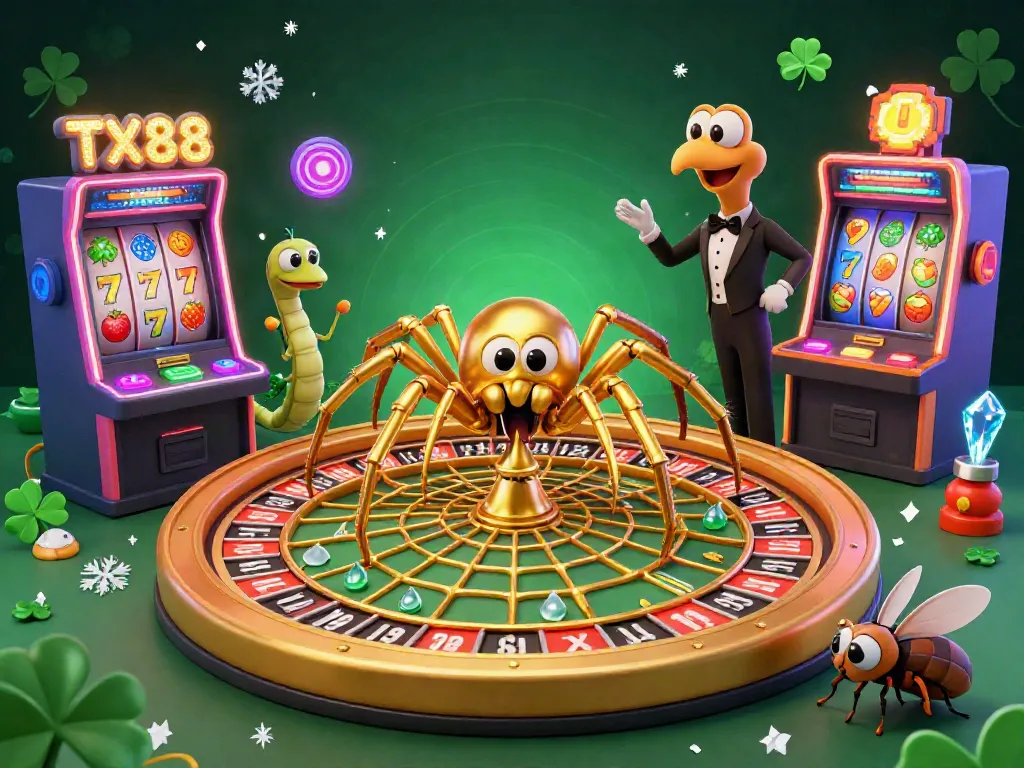Engagingly bet on TX88 with a golden spider roulette wheel and vibrant casino vibes