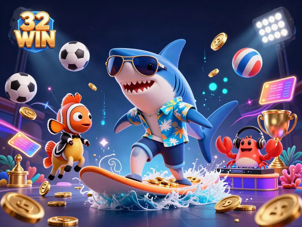 Experience thrilling surf action with 32 WIN as a shark rides gold coins, showcasing online casino excitement.