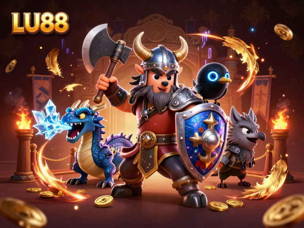 Engage with LU88's vibrant casino scene featuring a Viking warrior, dragon, and raven amidst gold coins.