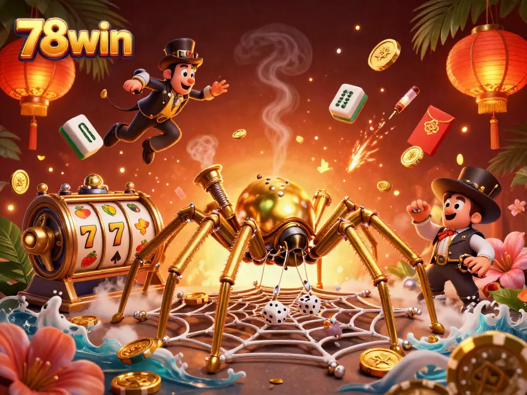 Catch winning moments at 78win with steampunk spider in a vibrant casino universe