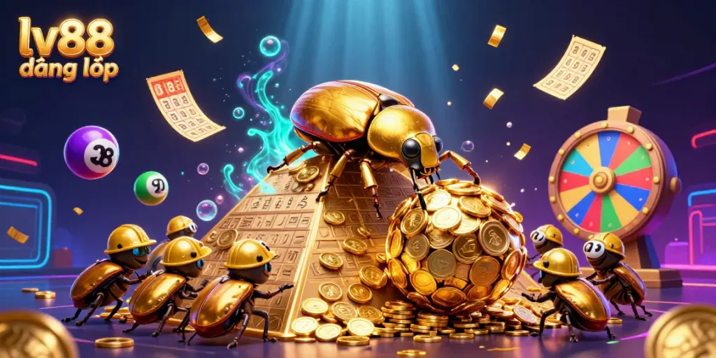 Experience a vibrant casino scene featuring lv88 đăng nhập with golden coins, lottery balls, and energetic beetles.