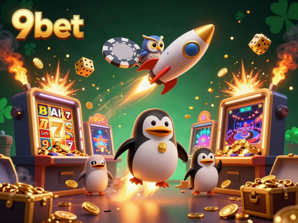 Experience the thrill of 9bet with a golden penguin blasting off towards casino adventures and jackpots.