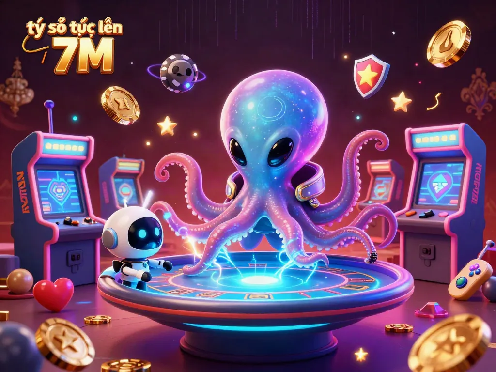 Engage with tỷ số trực tuyến 7M through an exciting 3D scene featuring an alien octopus and poker elements.