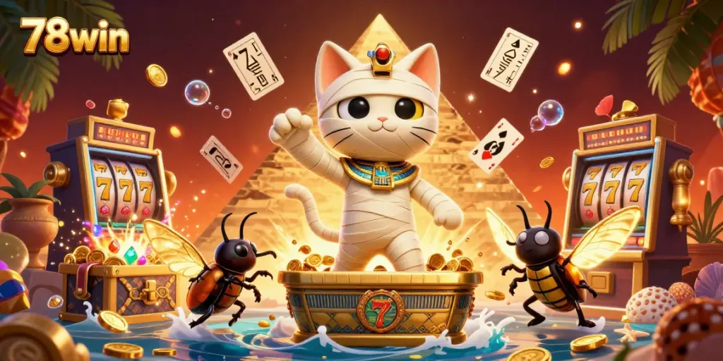 Experience thrilling gaming at 78win with an Egyptian mummy cat amid gold and colorful gems.