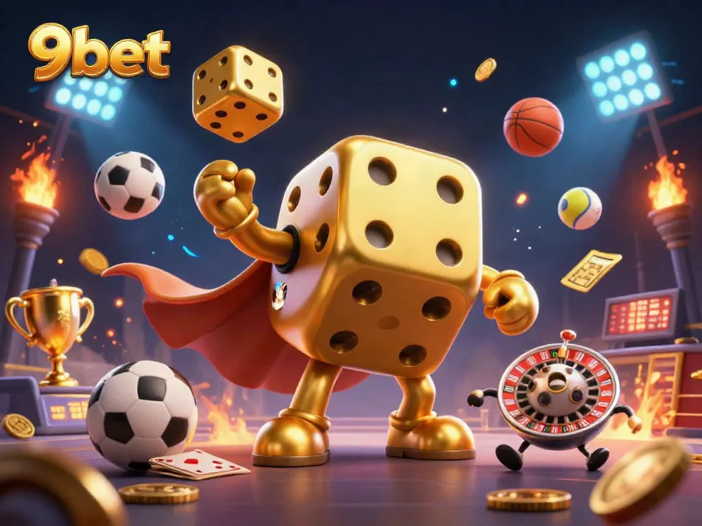 Engage with 9bet as golden dice juggle amidst sports elements, showcasing exciting gambling action.