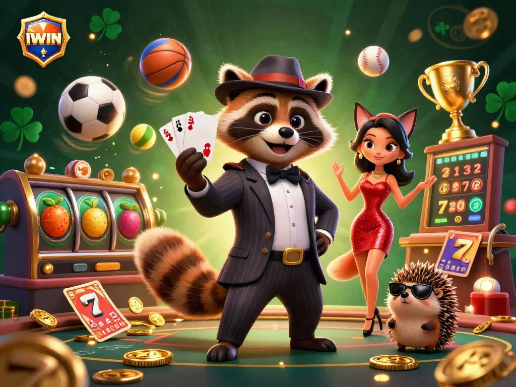 IWIN showcases a lively casino scene featuring a suave raccoon, a glamorous fox, and a bouncer hedgehog amidst captivating slot symbols and jackpot motifs.