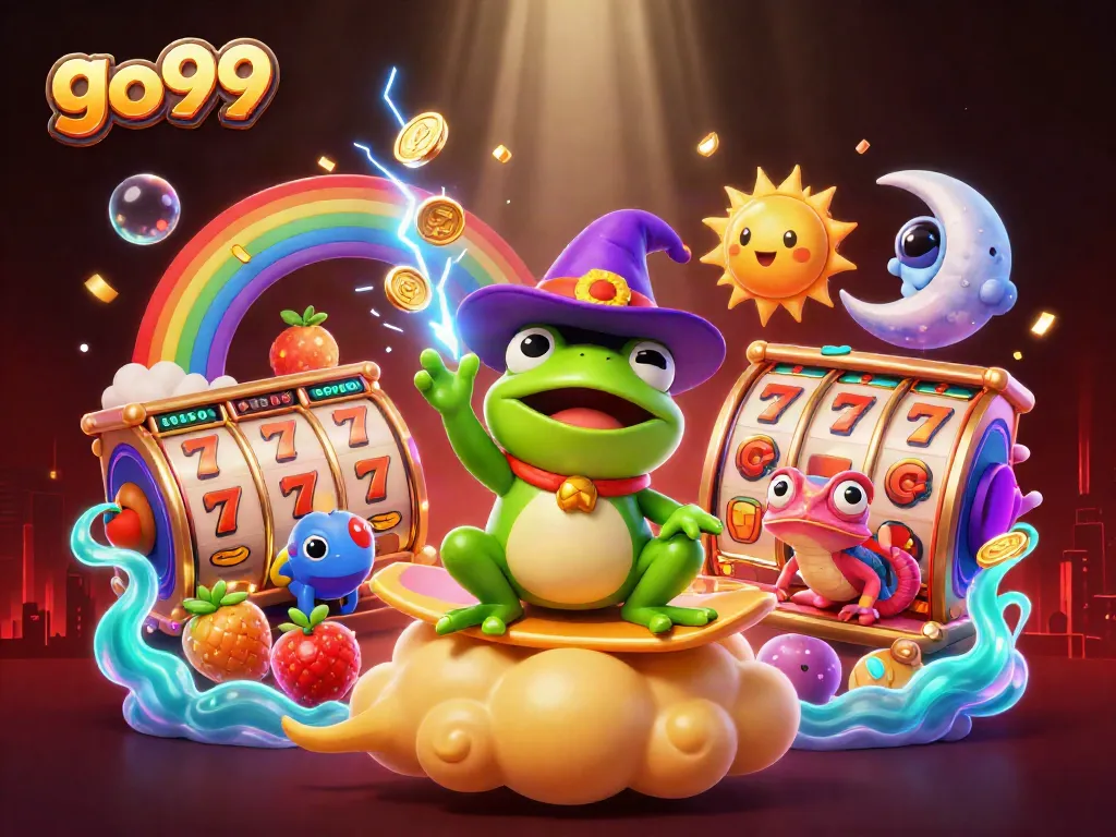 Experience the magic of go99 with a whimsical illustration of a wizard frog and chameleon amidst golden coins and slot reels.