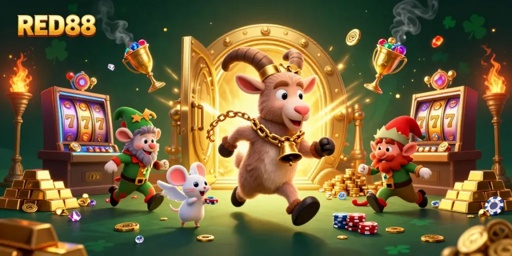 Experience the vibrant energy of RED88 Casino with Krampus and festive 3D characters surrounded by dazzling slot elements.