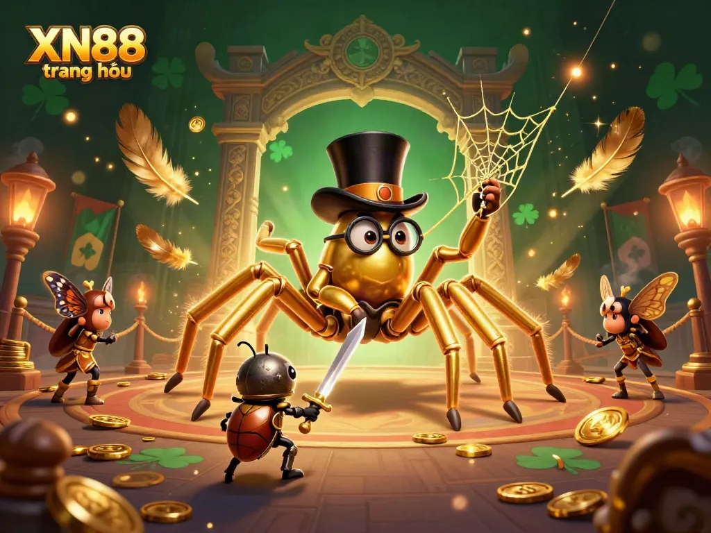 Xn88 trang chủ offers a vibrant scene of a golden tarantula in a casino, creating an engaging online gaming atmosphere.