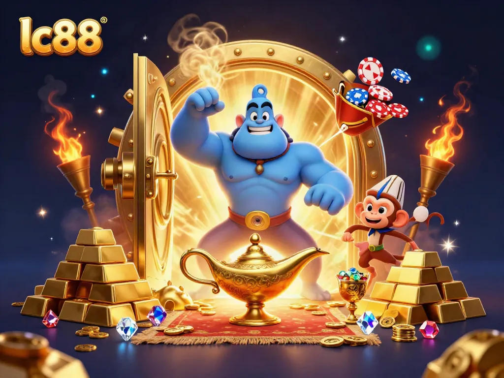 Experience gaming excitement with lc88 as a genie bursts from a lamp, treasures and poker chips fly.