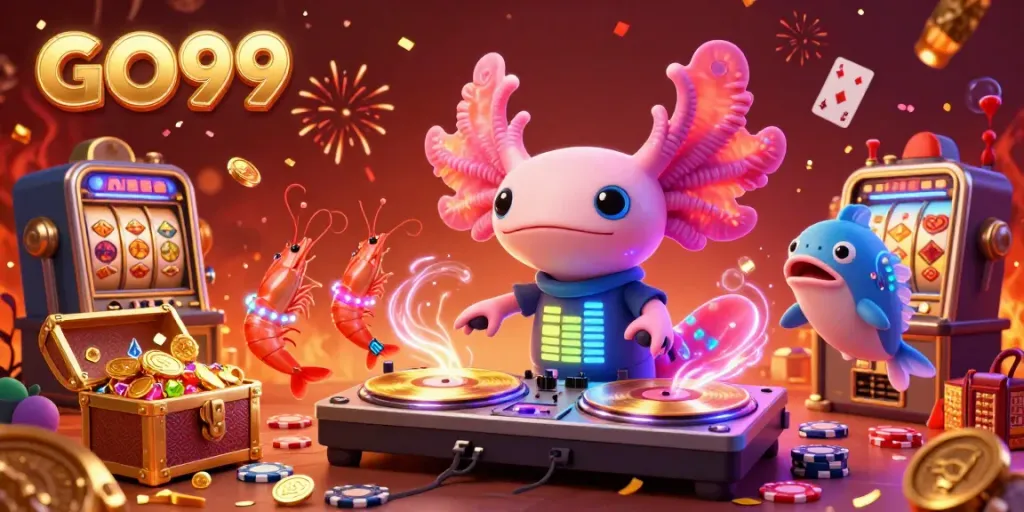 Experience the excitement of GO99 gaming with vibrant underwater characters in a lively casino scene.