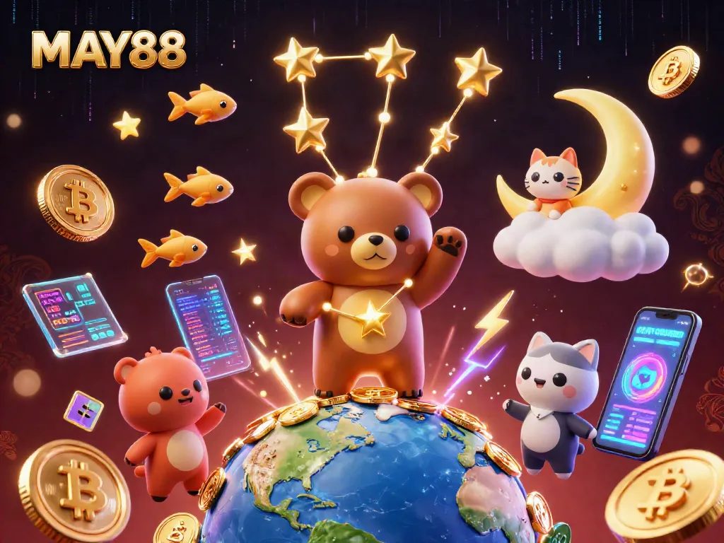 MAY88 offers thrilling online gaming with vibrant celestial characters and crypto elements.