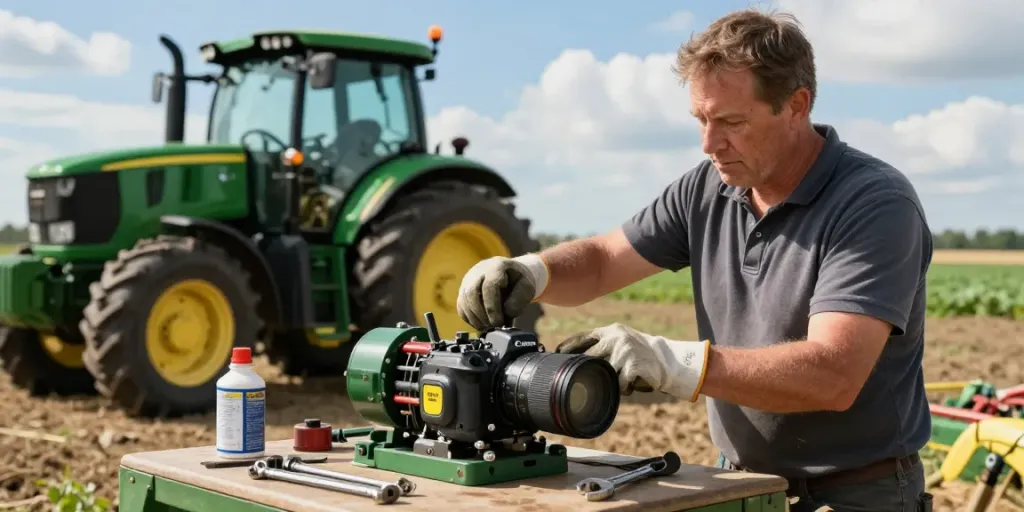 Pompy hydrauliczne do ciągników rolniczych John Deere w rękach rolnika, w tle pole i traktor.