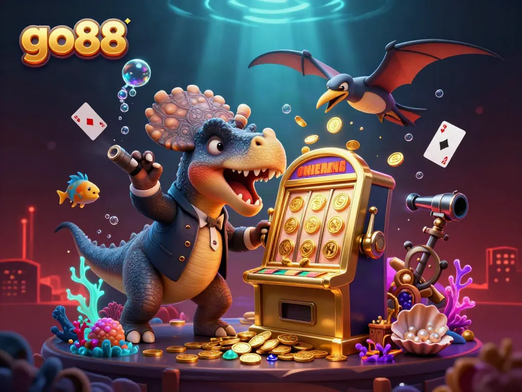 Experience big wins with go88 as a pachycephalosaurus celebrates a slot machine jackpot amidst swirling coins and vibrant underwater treasures.