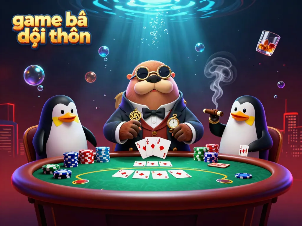 Engaging scene of game bài đổi thưởng with playful characters at an underwater poker table.