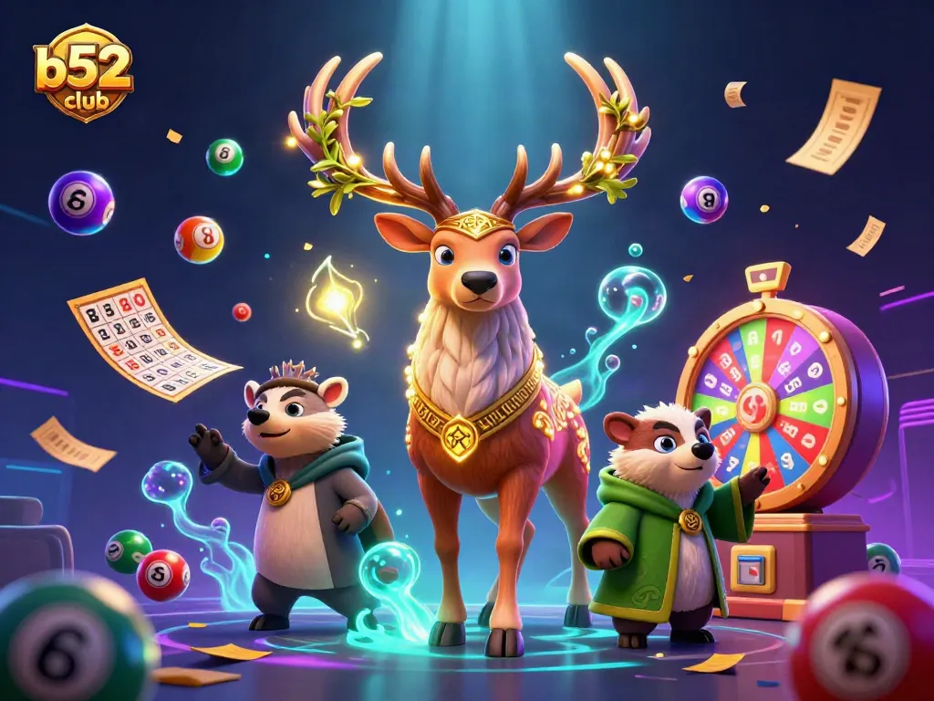 Engage in the vibrant world of b52club with lively lottery and gaming elements scattered around a mystical druid scene.