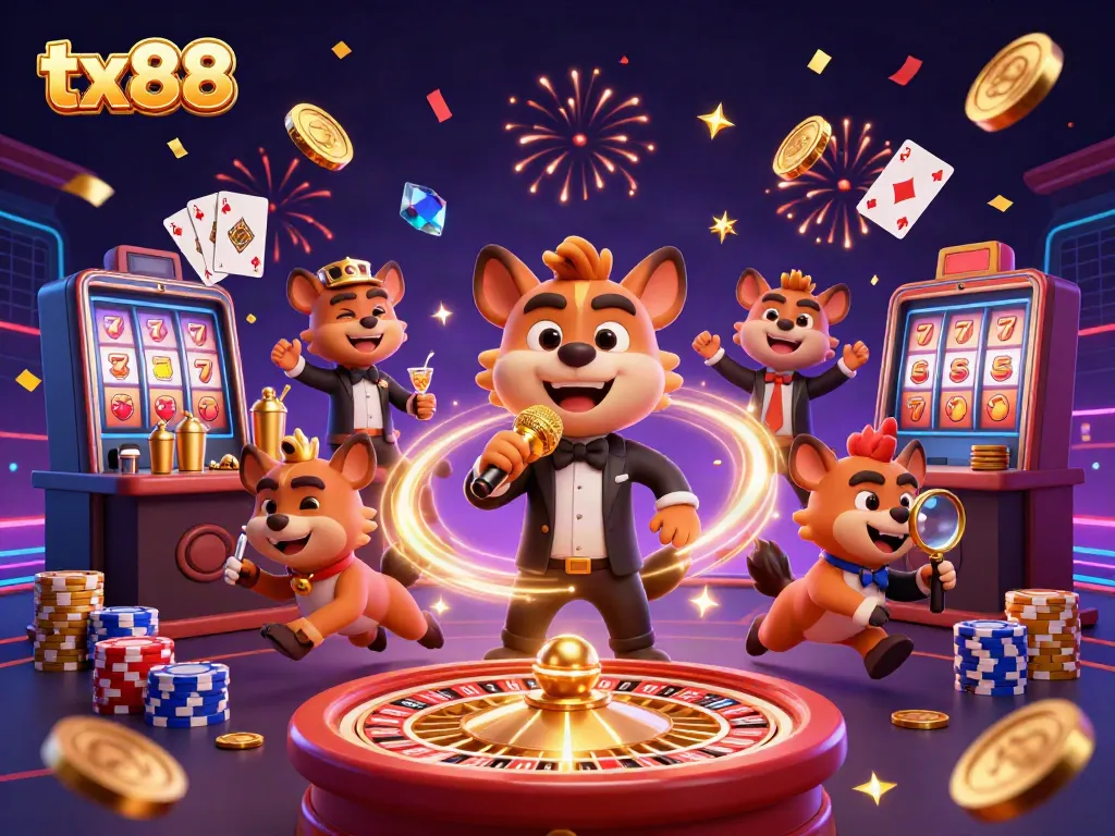 Experience excitement at tx88 casino with a lively 3D illustration of hyenas mixing drinks and telling jokes.