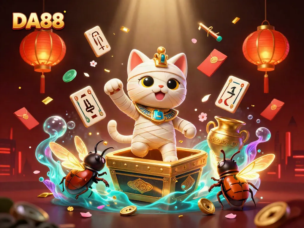 Engage with DA88’s vibrant gaming adventure led by a mummy cat in a dynamic casino scene