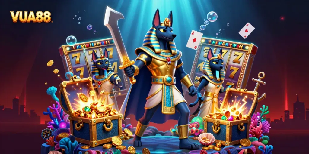 Play exciting slots and jackpot games at VUA88 with vibrant characters and rich casino elements.