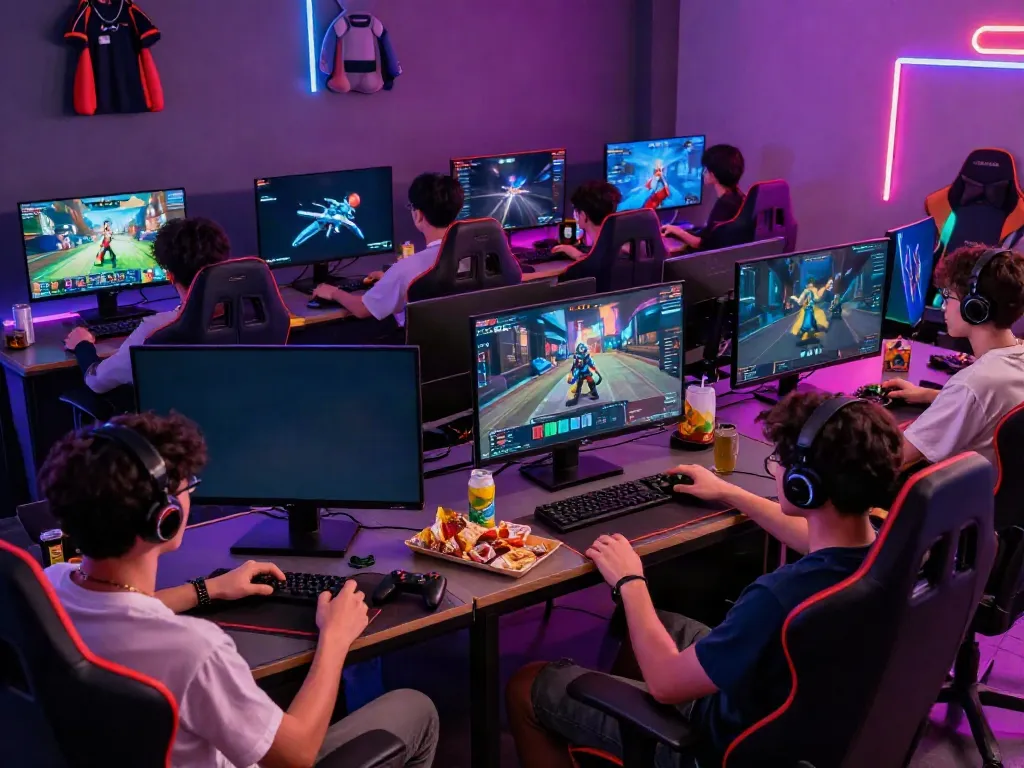 KILAT404 gaming lounge with friends enjoying a lively multiplayer gaming session, showcasing vibrant decor and gaming accessories.