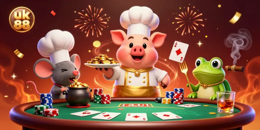 Experience excitement at uk 88 with vibrant casino characters celebrating around poker elements.