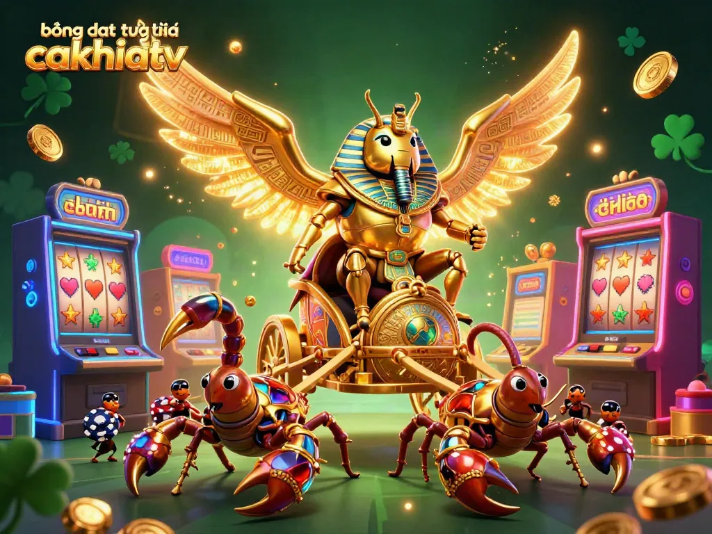 Bóng đá trực tuyến cakhiatv captures the excitement of slot gaming with vibrant illustrations and lively characters.
