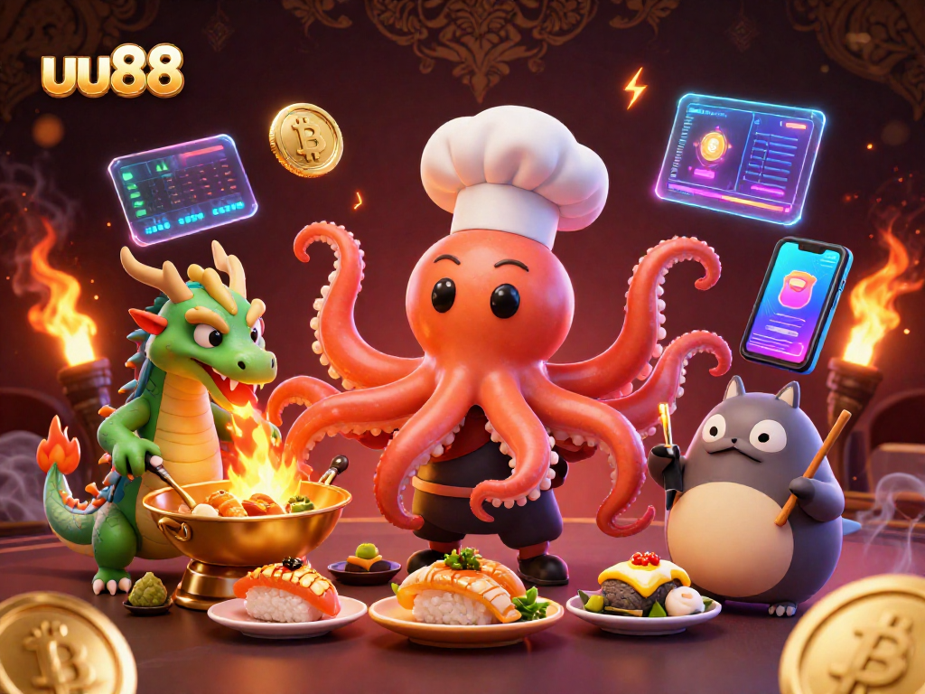 uu88 showcases a vibrant casino scene with cartoon characters and crypto elements, engaging gamers.