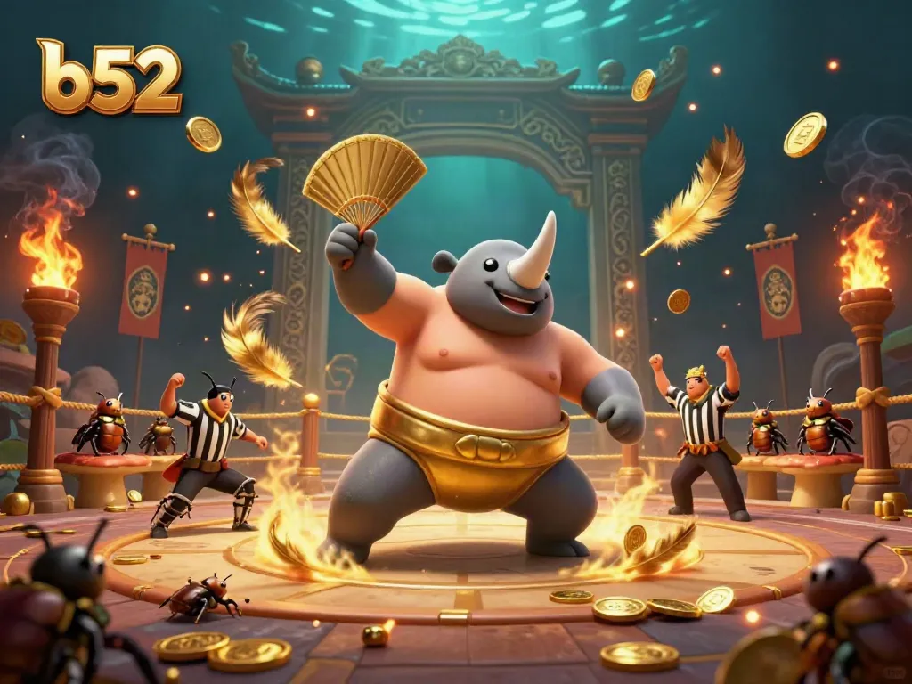 B52 rhinoceros beetle sumo champion in a fierce battle, surrounded by golden coins and atmosphere of excitement.