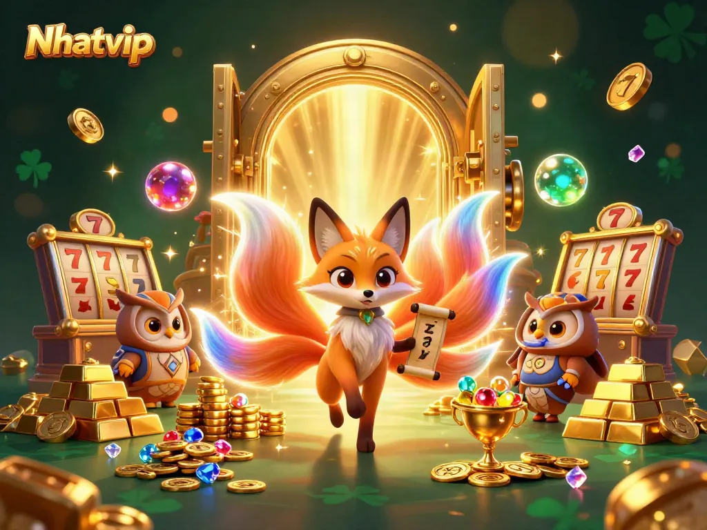 Nhatvip's vibrant online gaming scene showcasing a mystical fox and wise owl amidst treasures and slot reels.