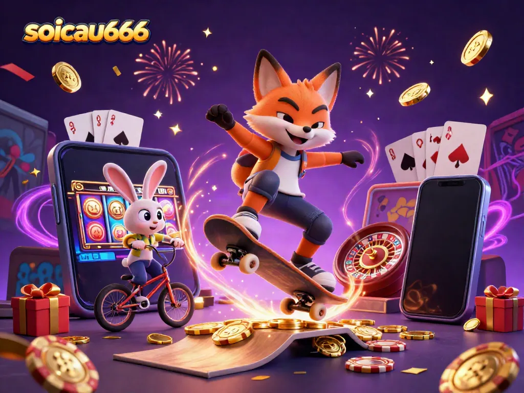 Engaging scene depicting soicau666 with a fox and rabbit interacting around vibrant casino elements.