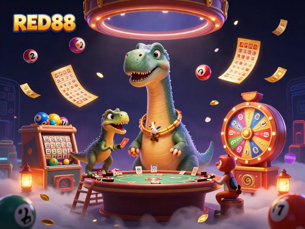 Engage with RED88's thrilling gaming experience as a brontosaurus watches over a vibrant casino scene.