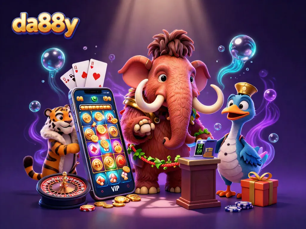 The woolly mammoth bouncer at da88y checks IDs as a saber-tooth tiger VIP arrives in a lively casino scene.
