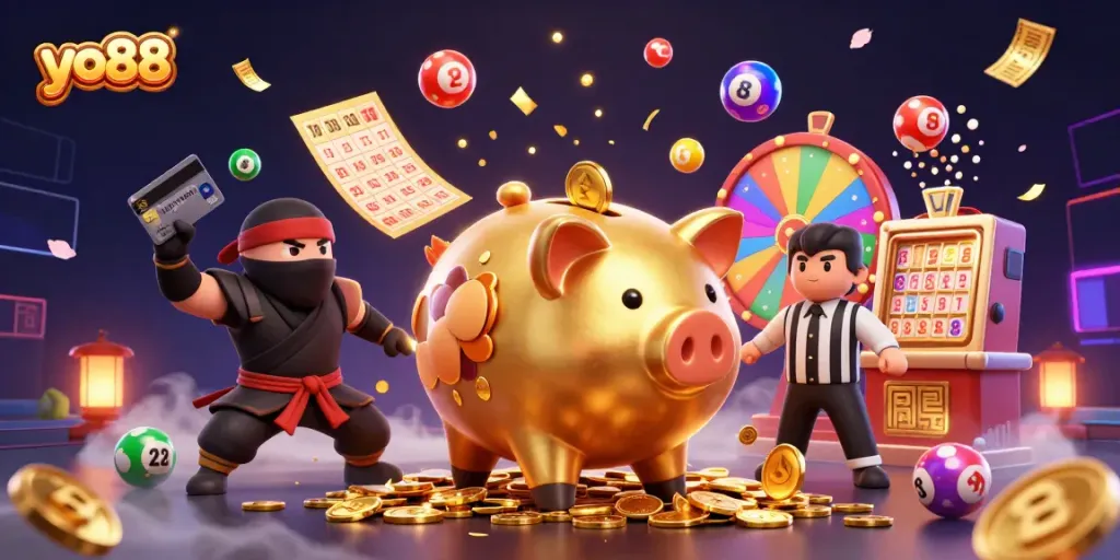 Engage with yo88's colorful lottery scene featuring a golden piggy bank, ninja, and referee amidst coins and prizes.
